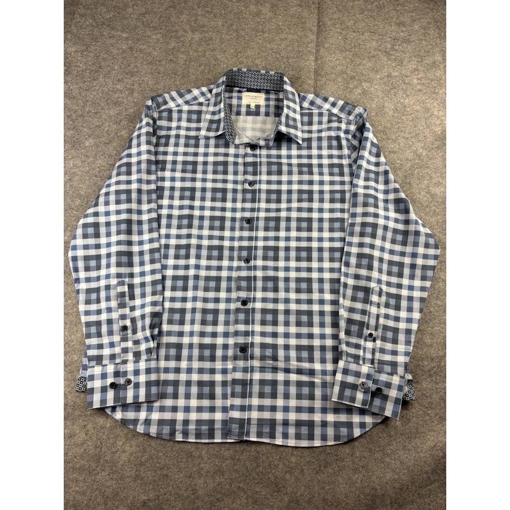 Con.Struct Mens XL Slim Fit Performance 4-Way Stretch Dress Shirt Blue Gingham